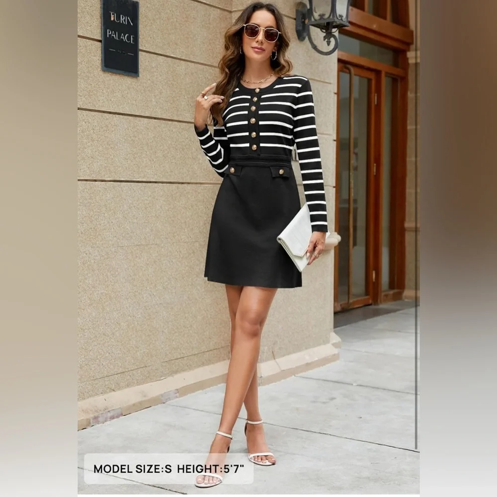 MEROKEETY Long Sleeve Striped Sweater Button Crewneck Fall Bodycon Mini Dress - Picture 1 of 4